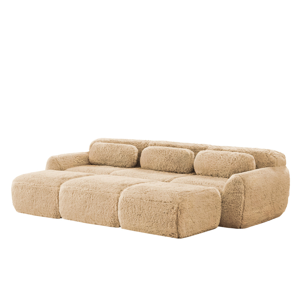 Modular sofa no assembly in light khaki plush fabric, featuring a cozy 3-seater design ideal for modern home interiors.