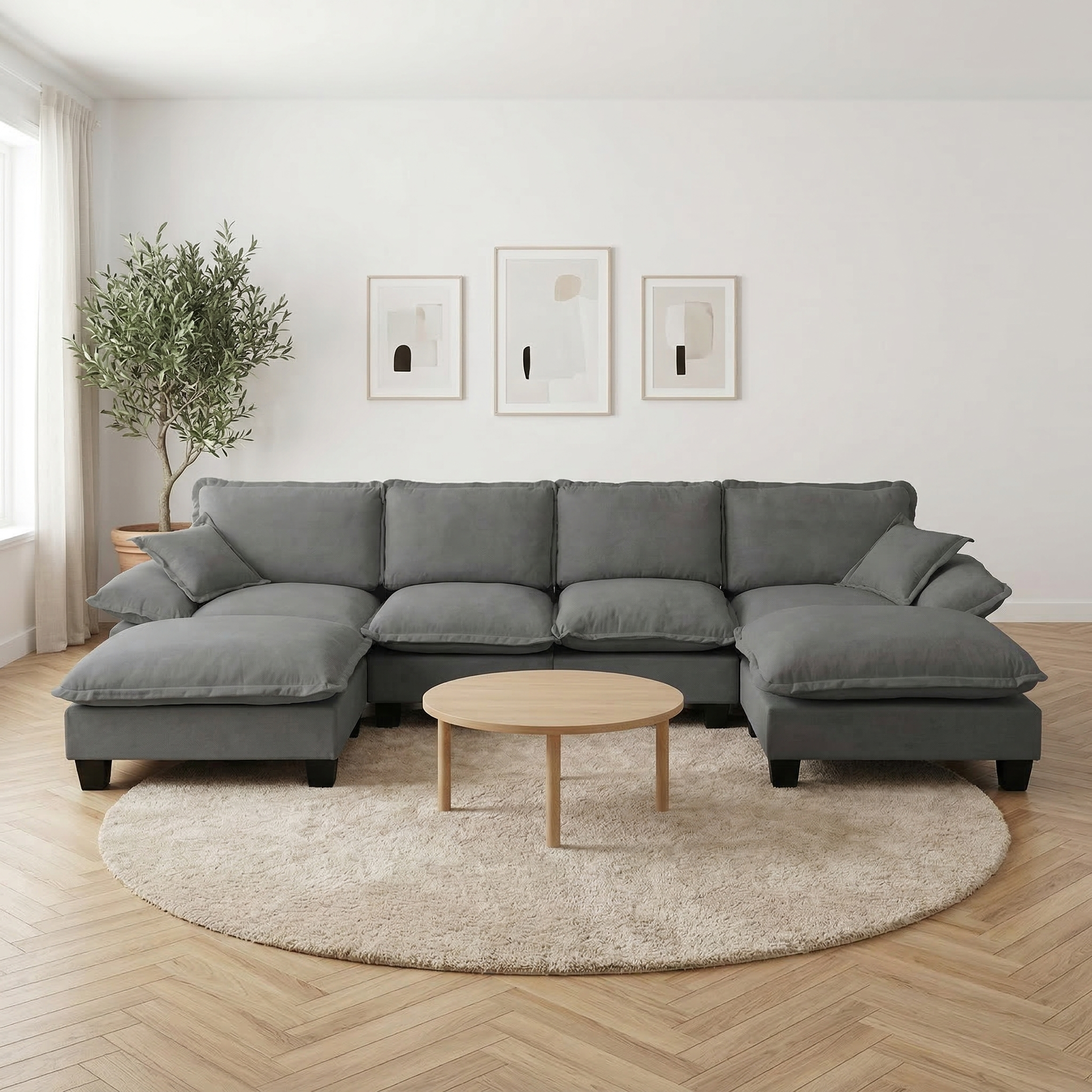 130-Inch Grey Chenille U-Shape Modular Cloud Sofa with 6 Seats