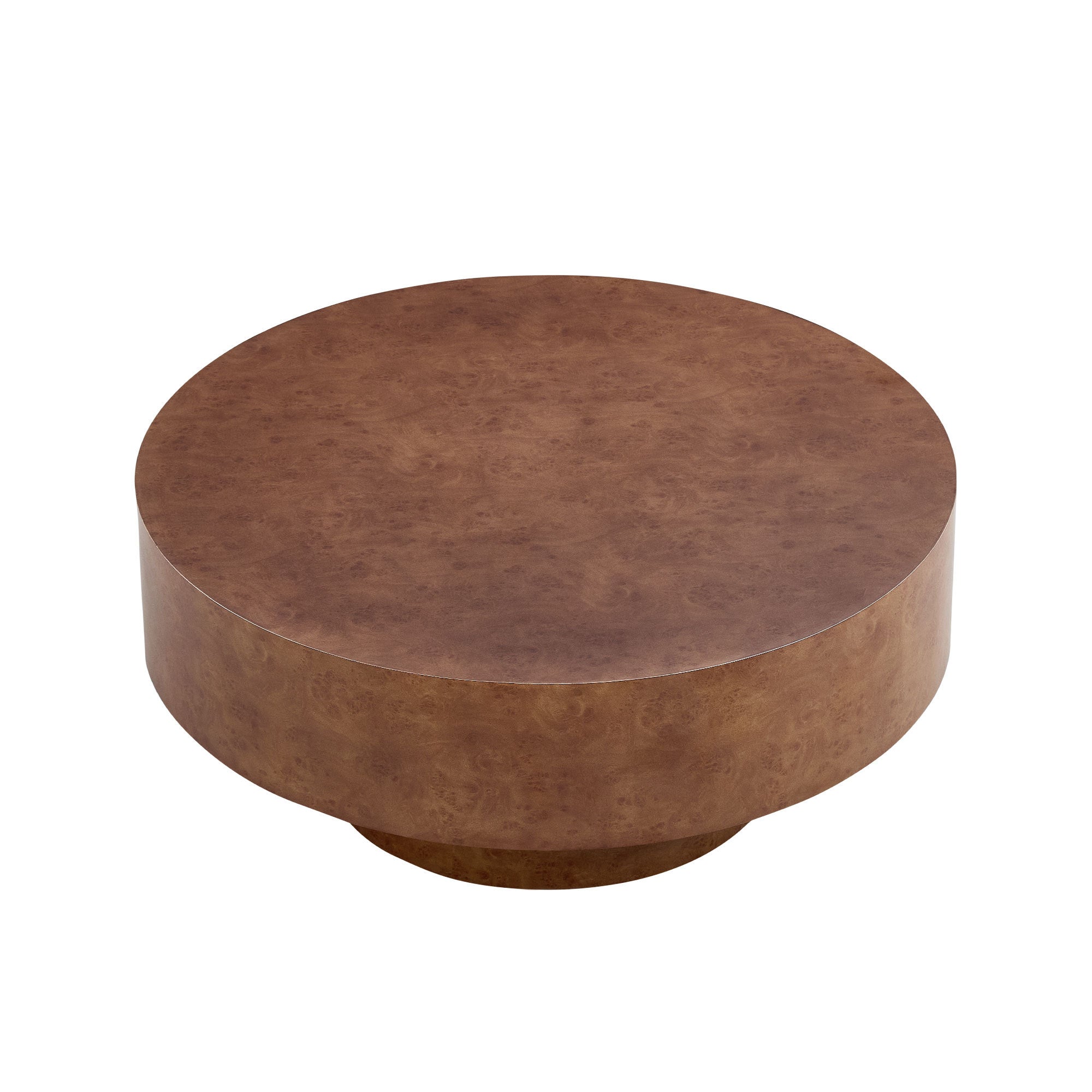 Angled view of Faux Burl Coffee Table with round top and pedestal base, perfect for compact modern living rooms.