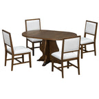 Farmhouse Dining Table Set with oval wood table and four white cushioned chairs, blending rustic style with modern comfort.