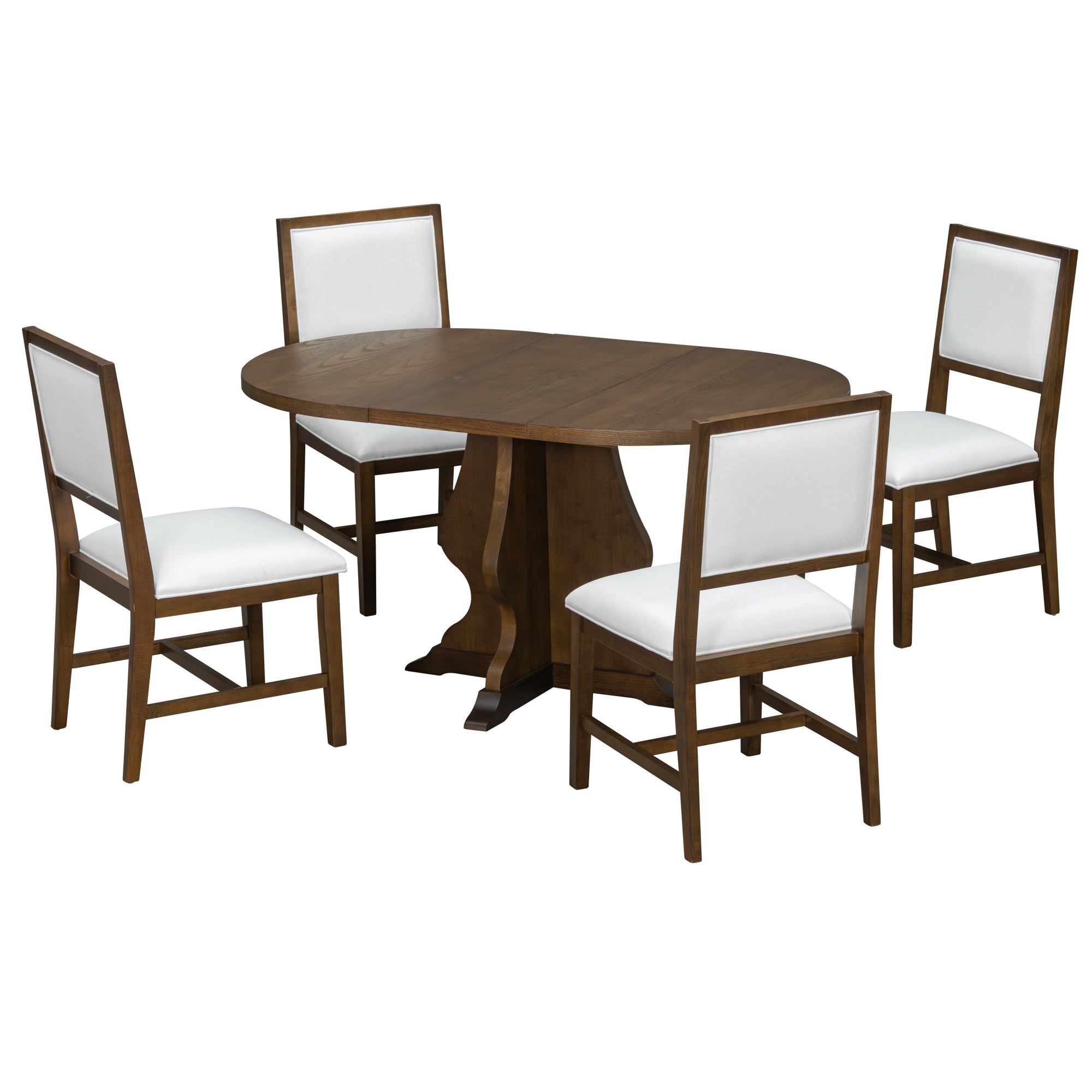 Farmhouse Dining Table Set with oval wood table and four white cushioned chairs, blending rustic style with modern comfort.