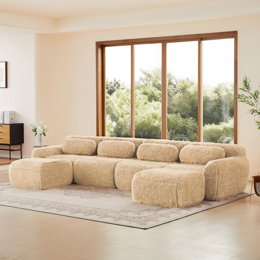 Plush U-shaped modular sofa with ergonomic design and soft texture, offering flexible seating with no assembly needed.