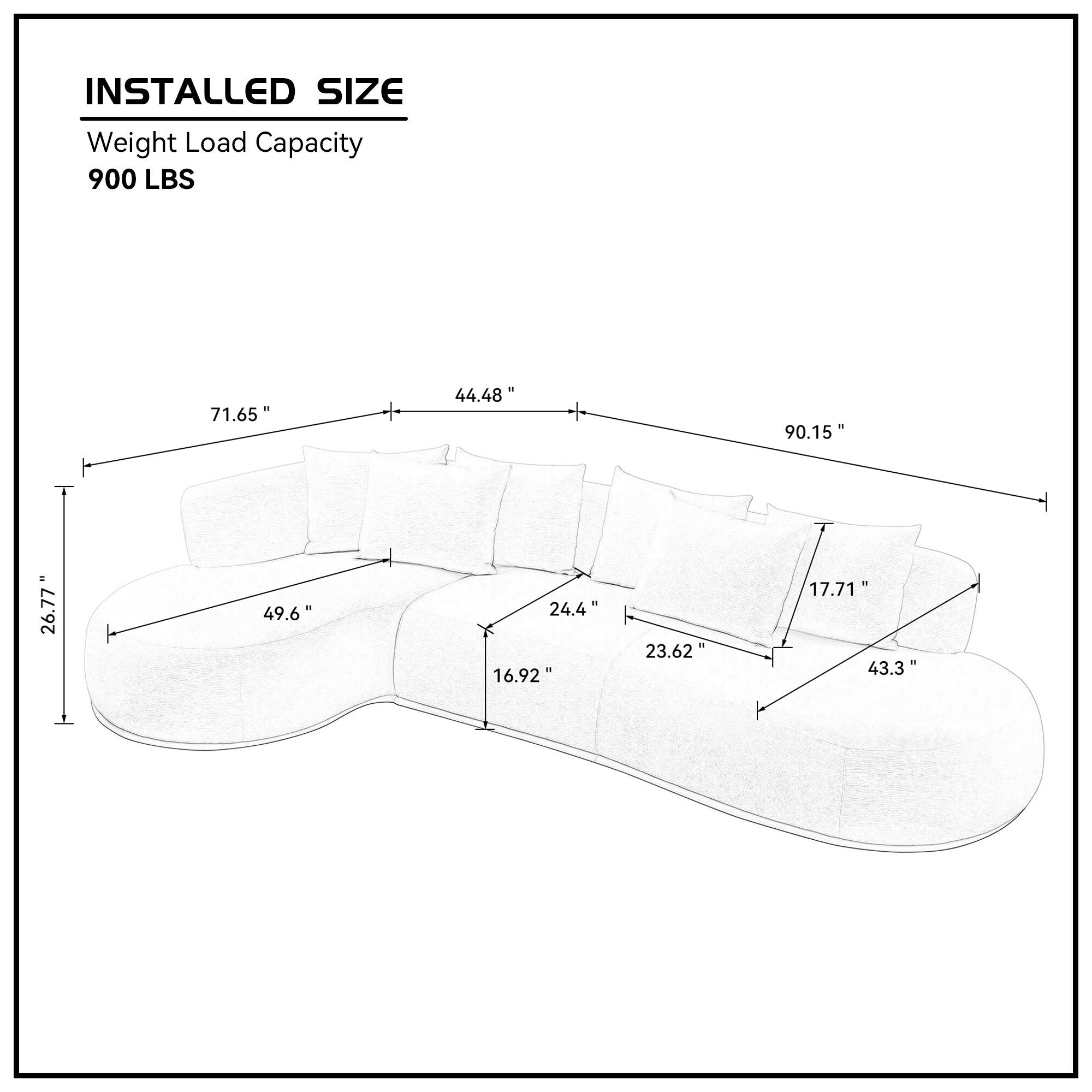 Dimension diagram of modern L-shape sectional sofa with chaise, showing measurements and 900 lbs weight capacity for oversized seating.