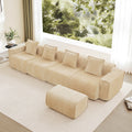 Modular 4-Seat L Shape Sofa - Sectional Ottoman in beige velvet fabric with five throw pillows. Features a movable ottoman and no assembly design.
