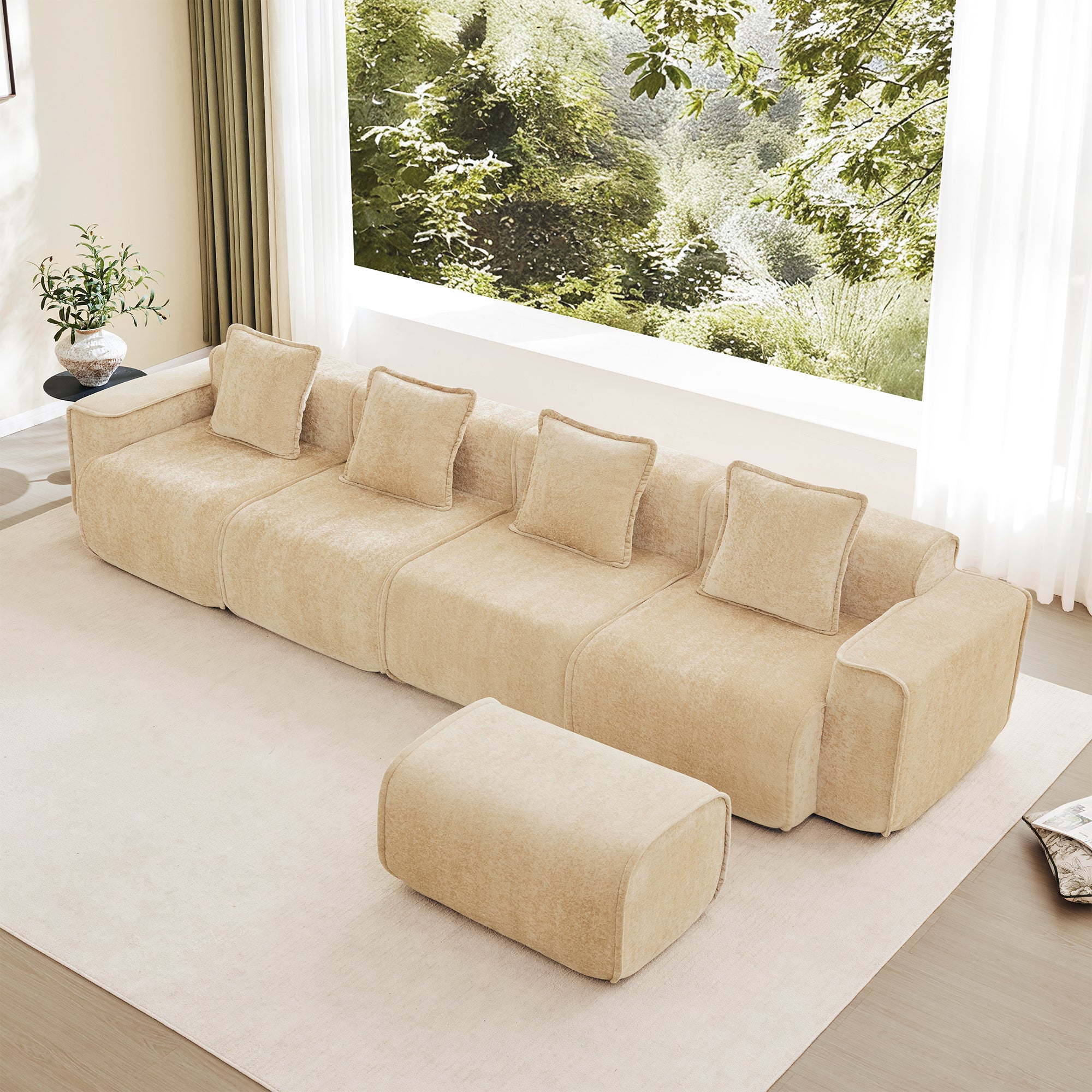 Modular 4-Seat L Shape Sofa - Sectional Ottoman in beige velvet fabric with five throw pillows. Features a movable ottoman and no assembly design.