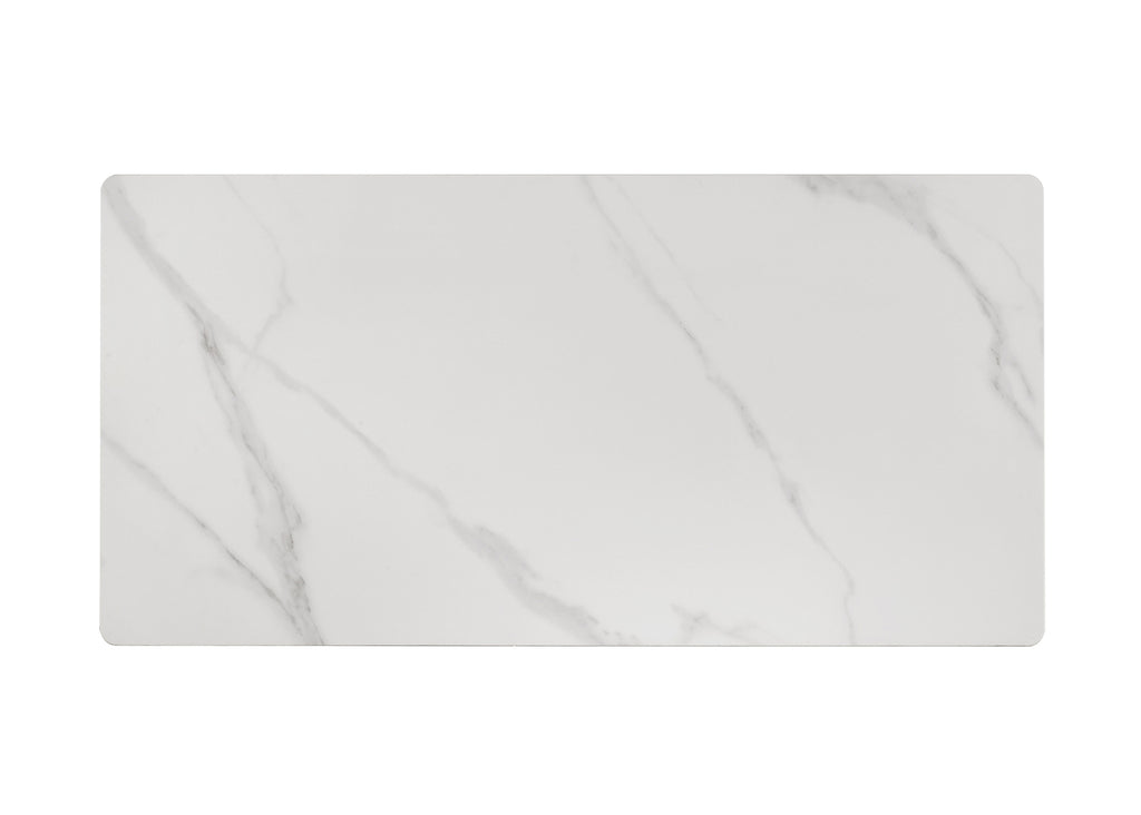 Rectangular sintered stone tabletop in white with subtle gray veining, part of a contemporary black and white coffee table design.