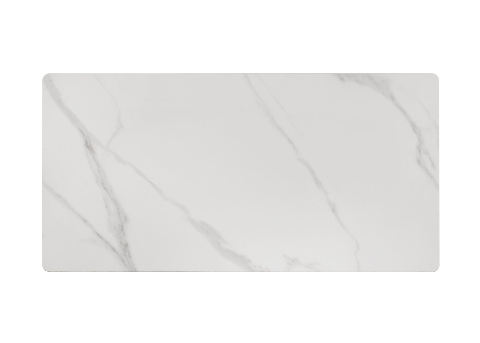 Rectangular sintered stone tabletop in white with subtle gray veining, part of a contemporary black and white coffee table design.