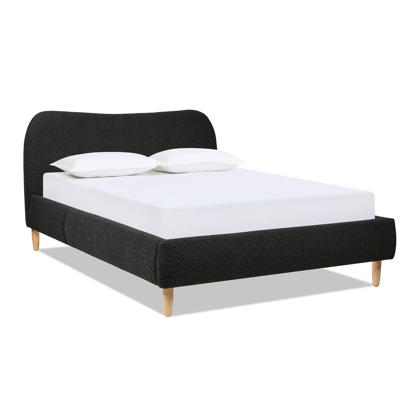 Curved Upholstered Platform Bed Queen, Ebony Black Boucle with plush headboard and light wood legs, shown with white bedding.