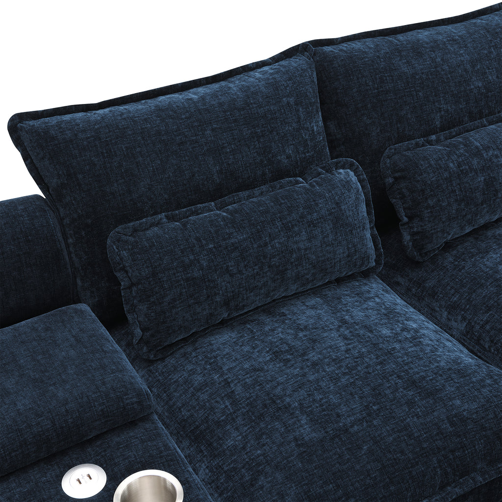 Detail of backrest and lumbar pillows on U-shaped sectional sofa with USB charger, designed for ergonomic comfort and style.