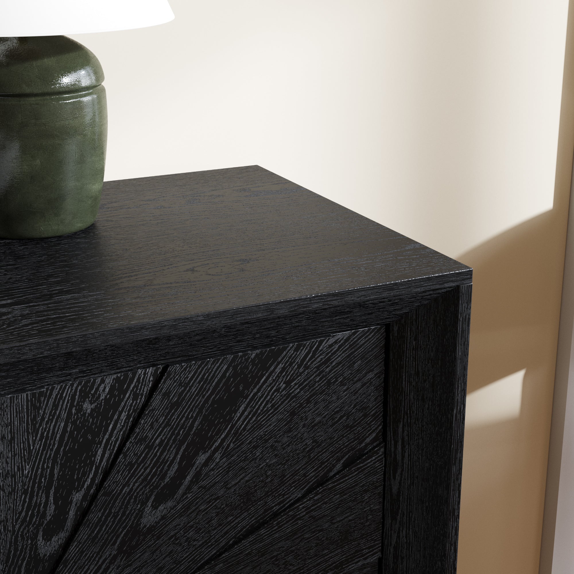 Close-up of the Black Farmhouse Credenza's black wood finish, highlighting its durable and elegant construction.