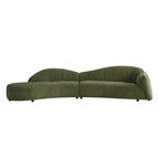 Olive green, mid-century sectional sofa with a low-profile, curved silhouette and textured upholstered fabric.