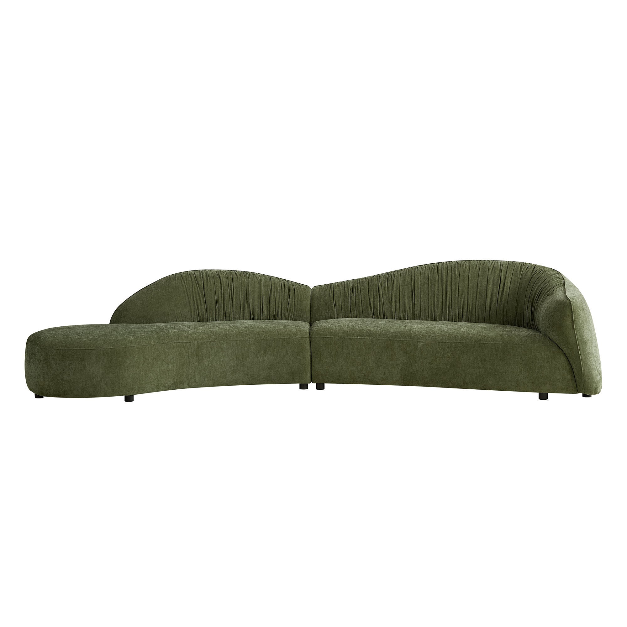 Olive green, mid-century sectional sofa with a low-profile, curved silhouette and textured upholstered fabric.