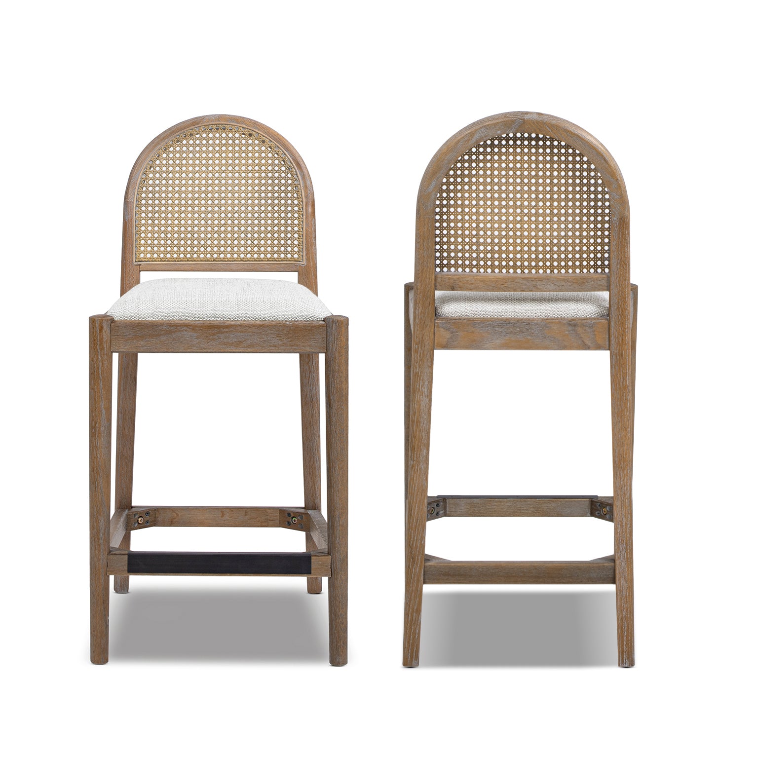 Front and back views of Panama 26.5' Rattan Counter Stool Set in two-tone gray, featuring cane backrests and solid wood frames for stylish bar seating.