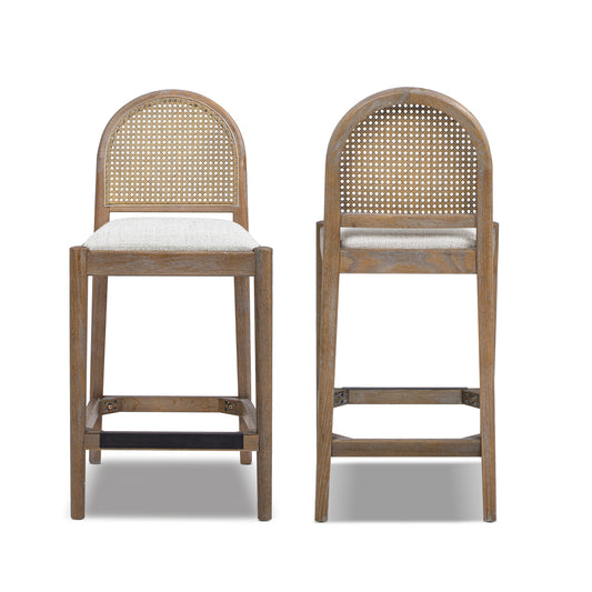 Front and back views of Panama 26.5' Rattan Counter Stool Set in two-tone gray, featuring cane backrests and solid wood frames for stylish bar seating.