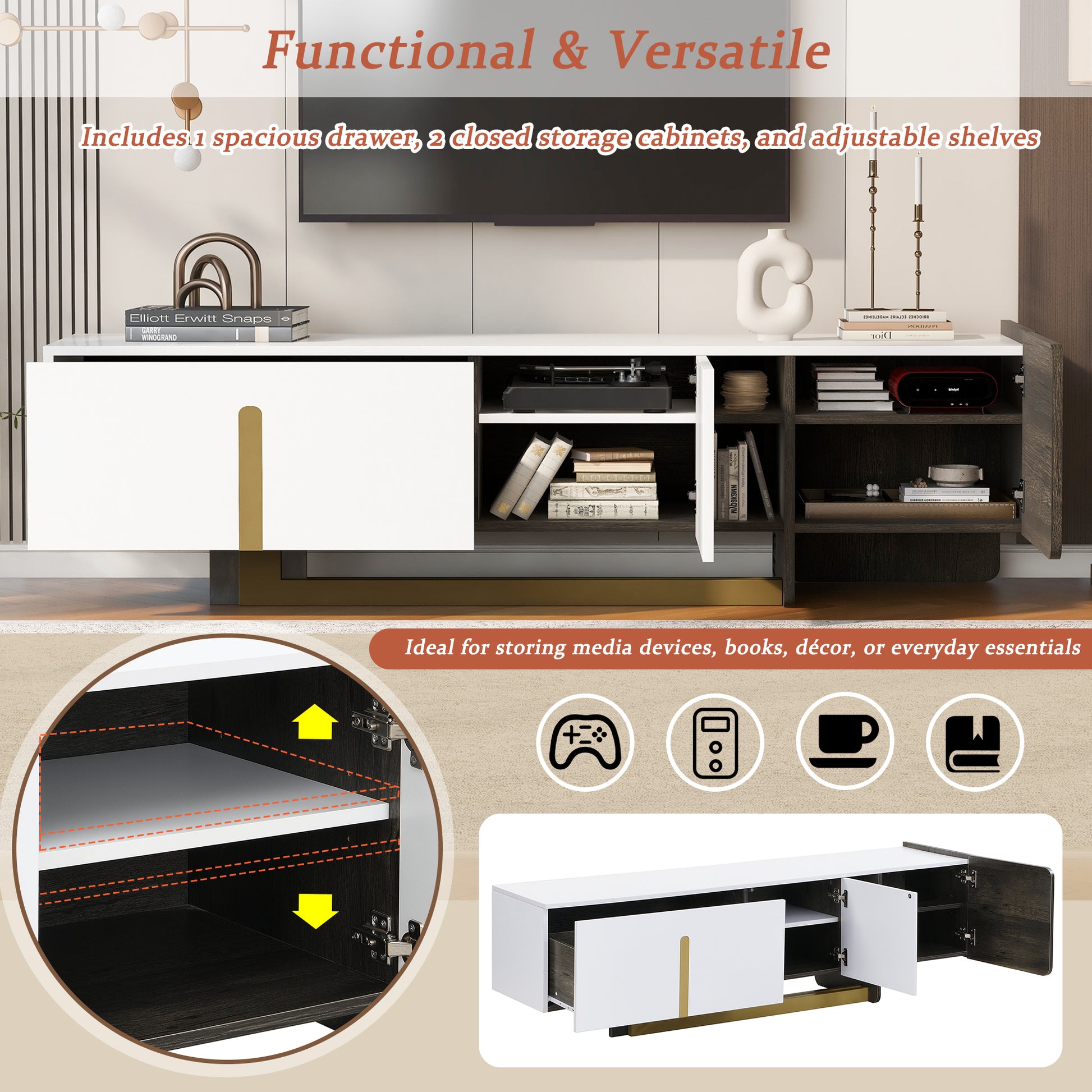 U-Can 66.7'' Light Luxury TV Stand for TVs up to 70 Inches, Modern TV Cabinet with Metal Legs, 1 Drawer, 2 Cabinets and Adjustable Shelves for Living room Media Console