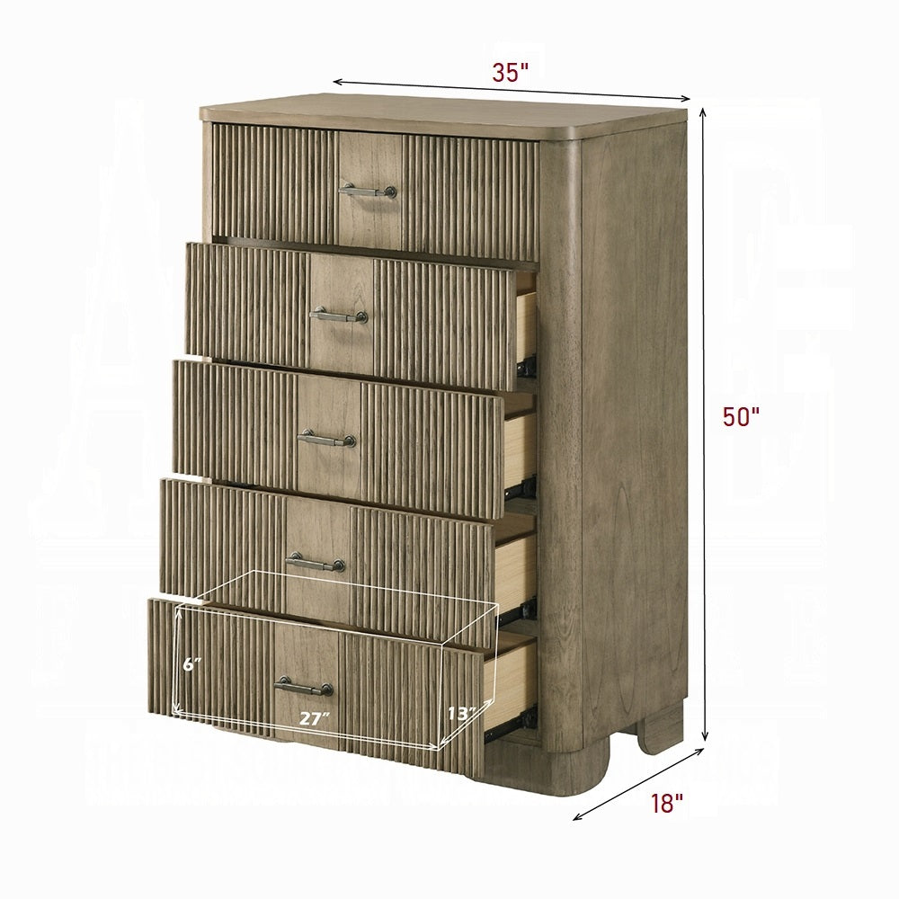 Dimensional view of Transitional Oak Chest with 5 Drawers - Bedroom Storage, showing measurements and drawer capacity in antique oak finish.