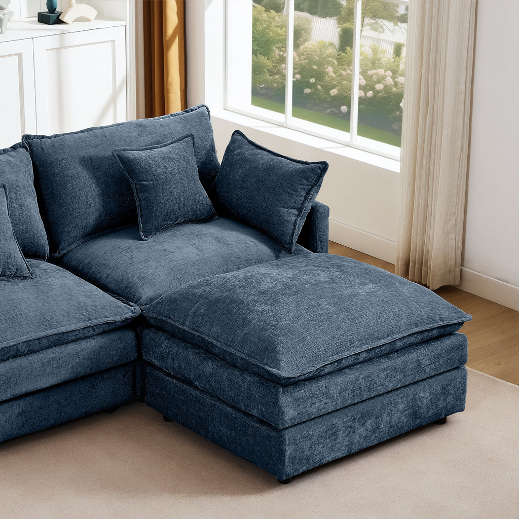 Modern Modular Sectional Sofa, 102 Inch L-Shaped Couch with Movable Ottoman, Blue Chenille Upholstery