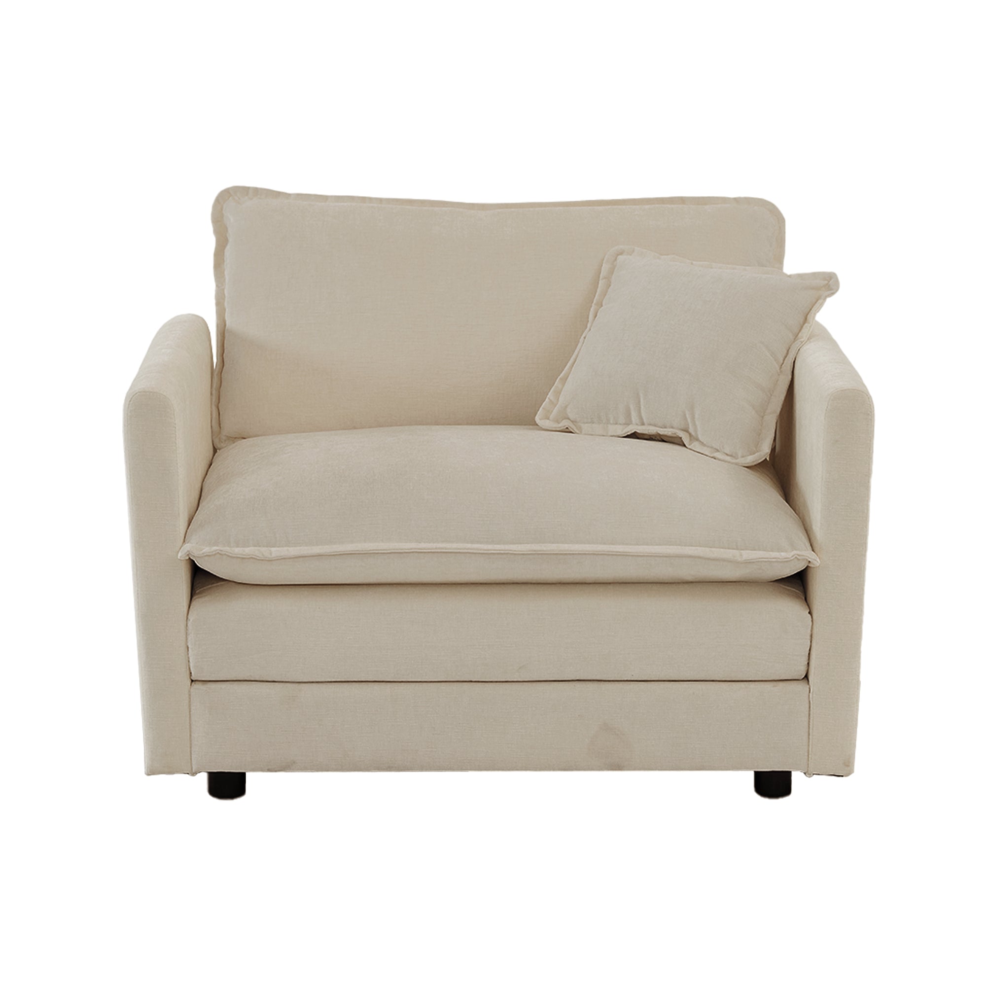 Front view of single seat from beige chenille sectional sofa set. Includes plush seat and back cushion with accent pillow.