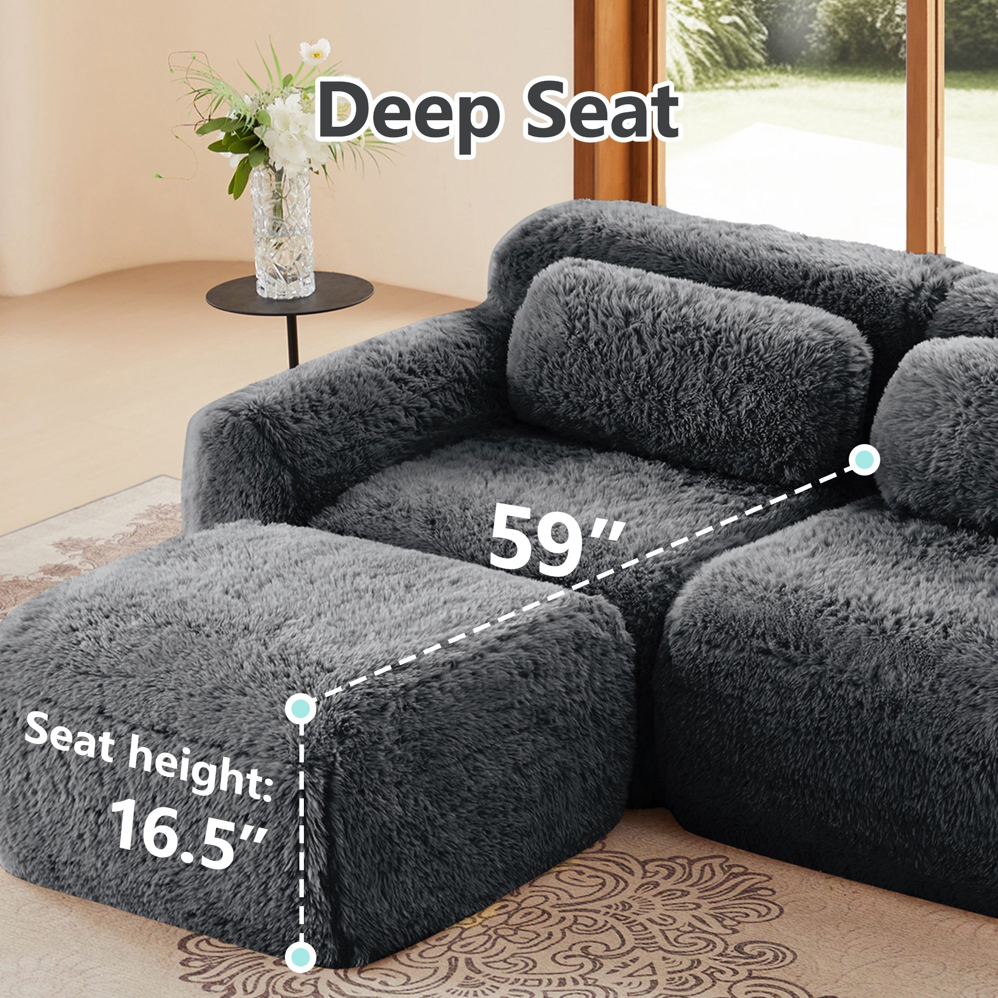 Deep seat measurement of Plush Modular Sofa Dark Grey with 59-inch depth and 16.5-inch seat height for spacious comfort.