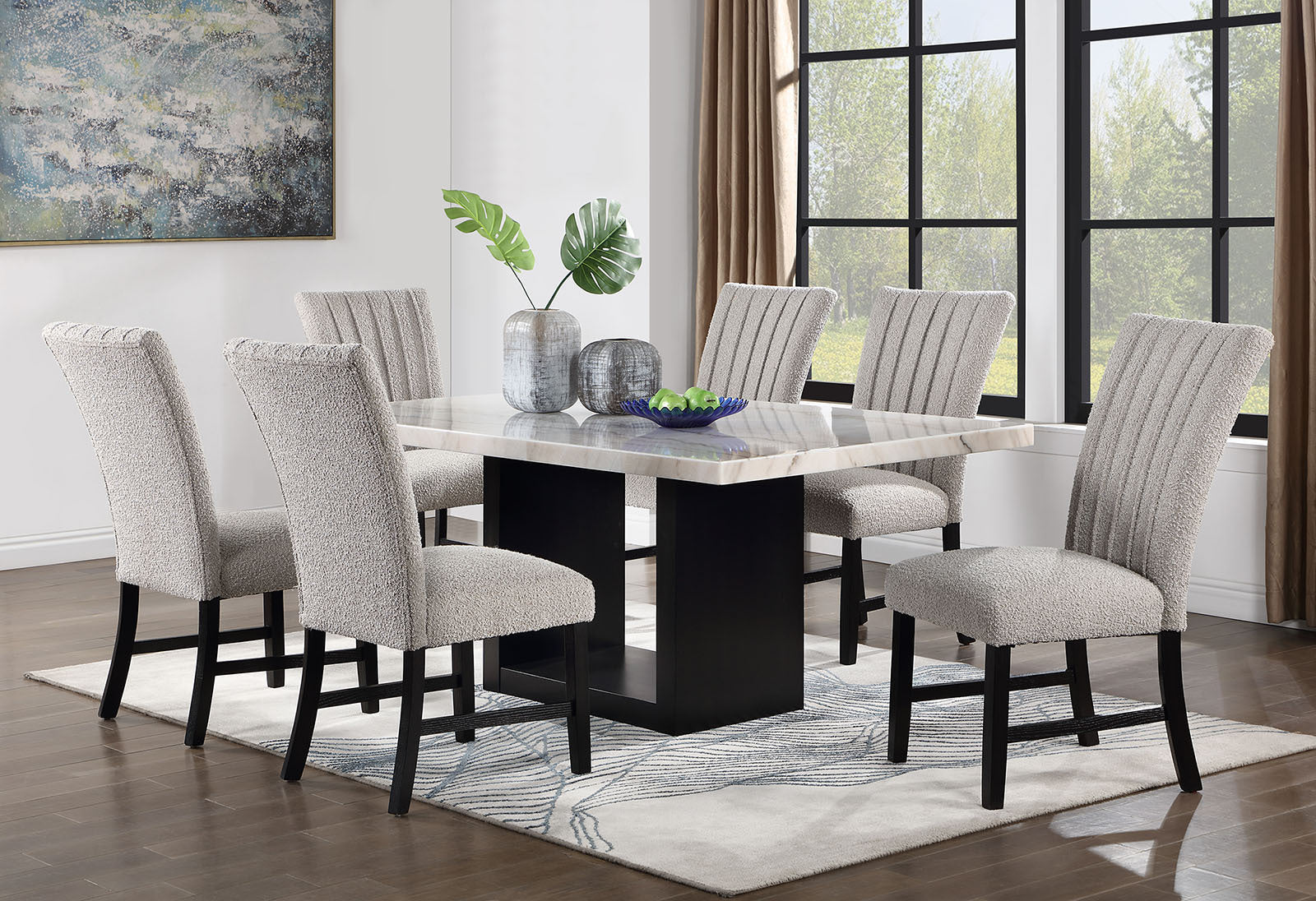 Genuine Marble Dining Table Set with 6 gray boucle chairs and wood base, ideal for modern dining room decor.