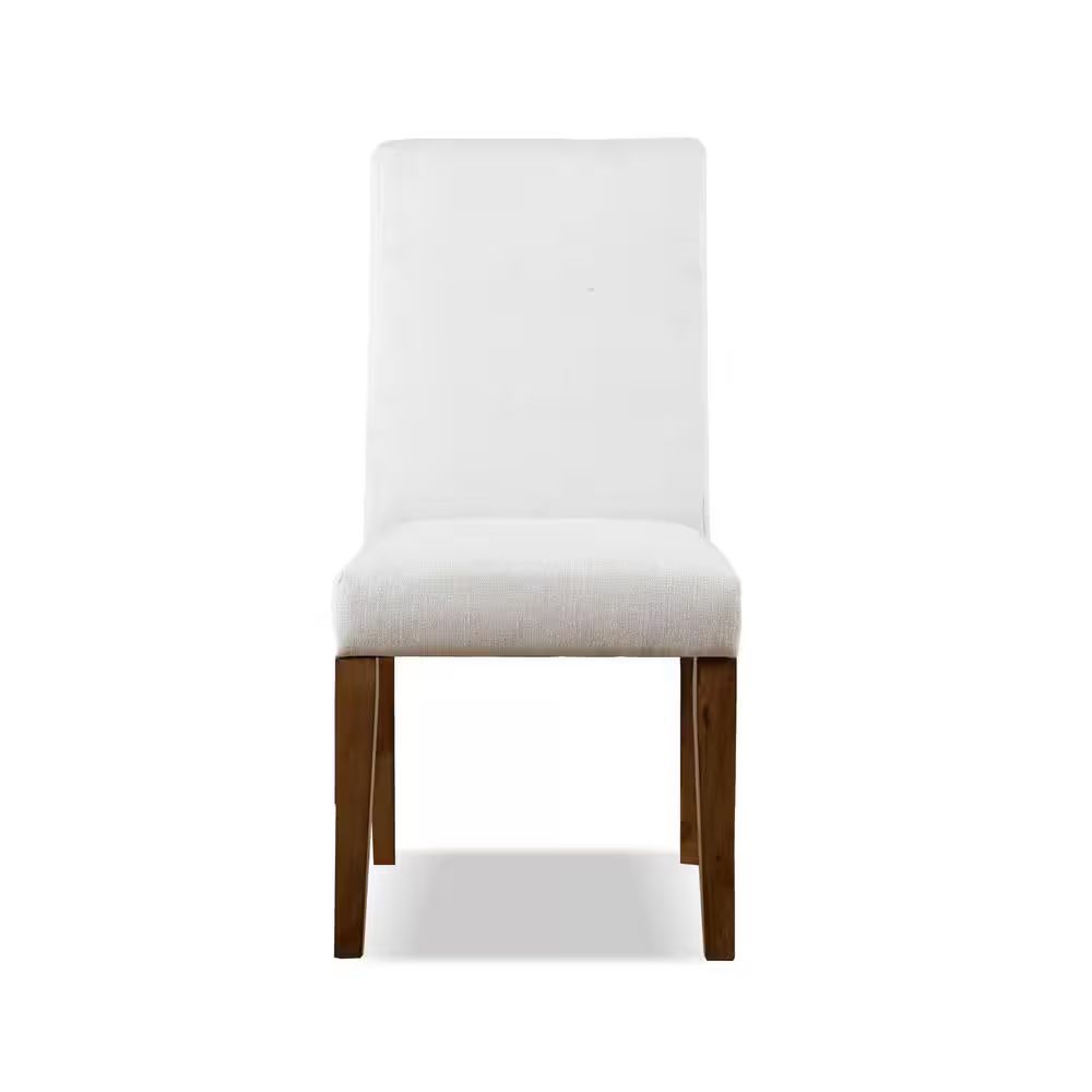Front view of rustic dining chair with white upholstery and brown wooden legs, included in a 2-piece set for dining rooms.