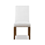 Front view of rustic dining chair with white upholstery and brown wooden legs, included in a 2-piece set for dining rooms.