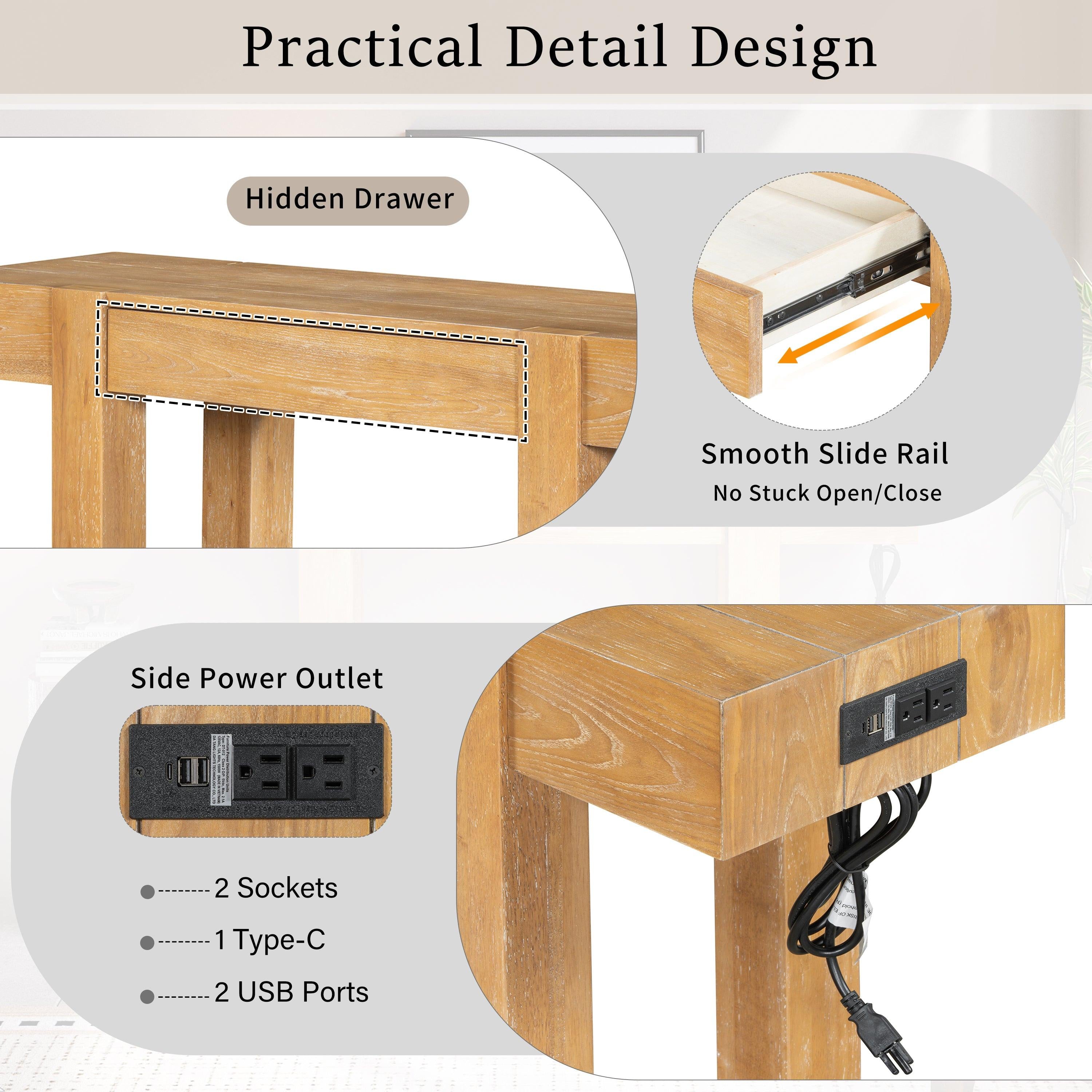 Rustic Wood Console Table with Outlet & Hidden Drawer.