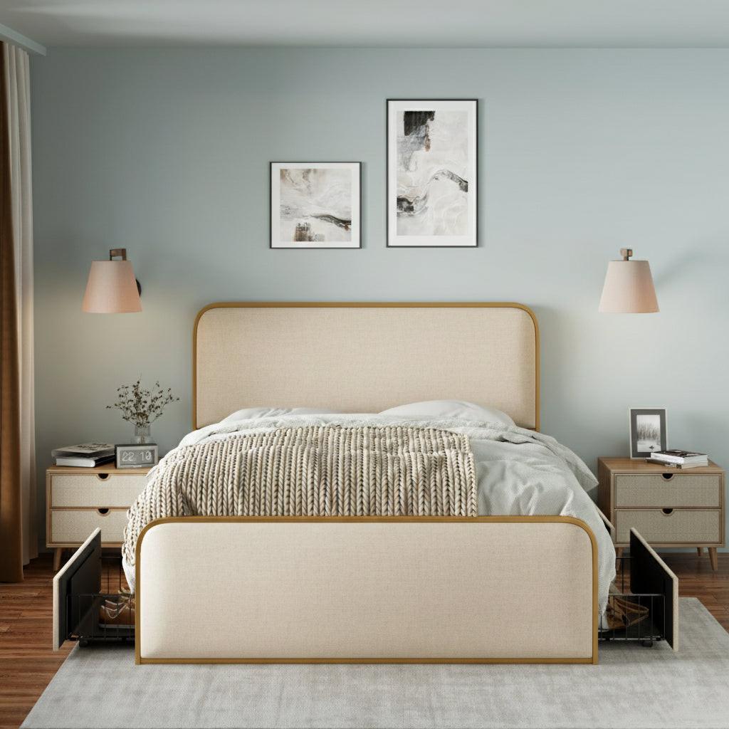 Modern Metal Queen Bed Frame with 4 Storage Drawers.