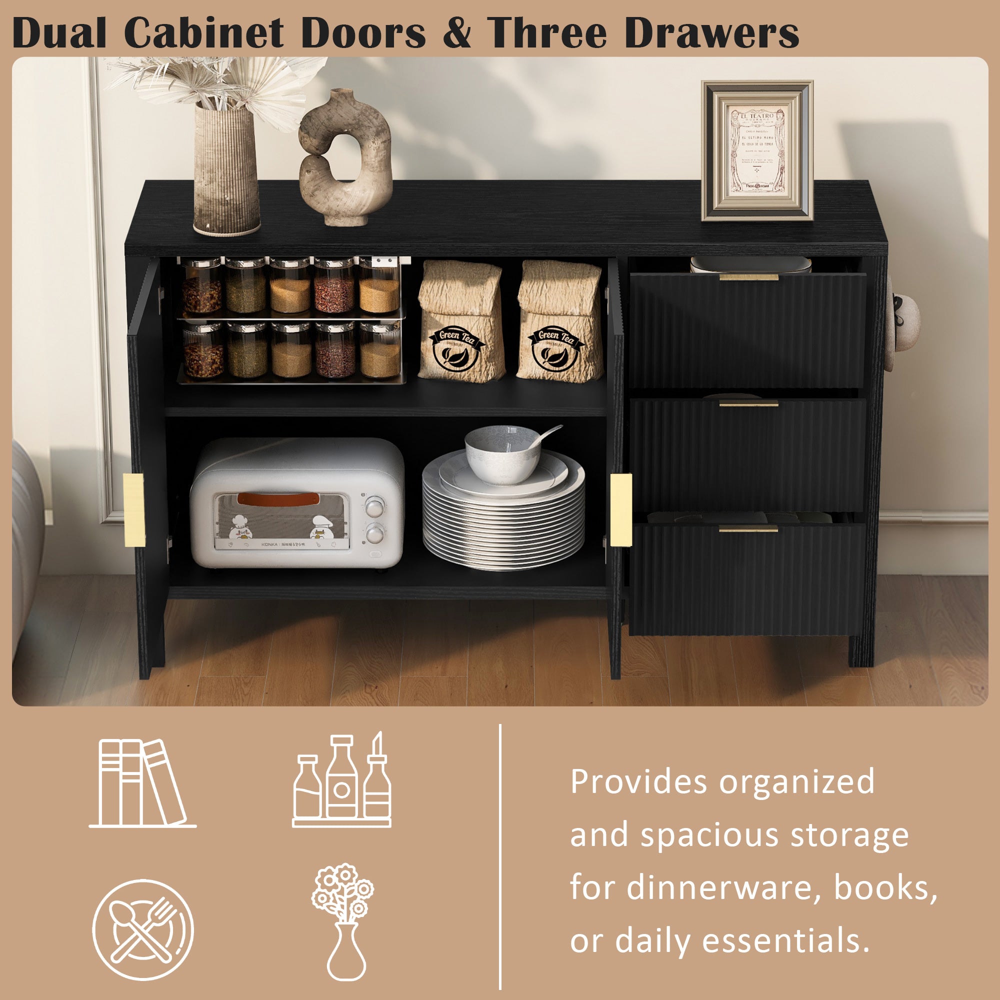 Modern sideboard with dual cabinet doors and three drawers, offering organized storage for dinnerware, books, or daily essentials.