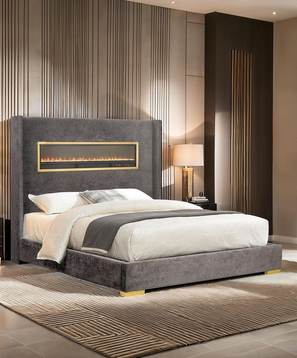 Gray Queen Size Upholstered Bed - Contemporary Style Furniture.