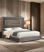 Gray Queen Size Upholstered Bed - Contemporary Style Furniture.