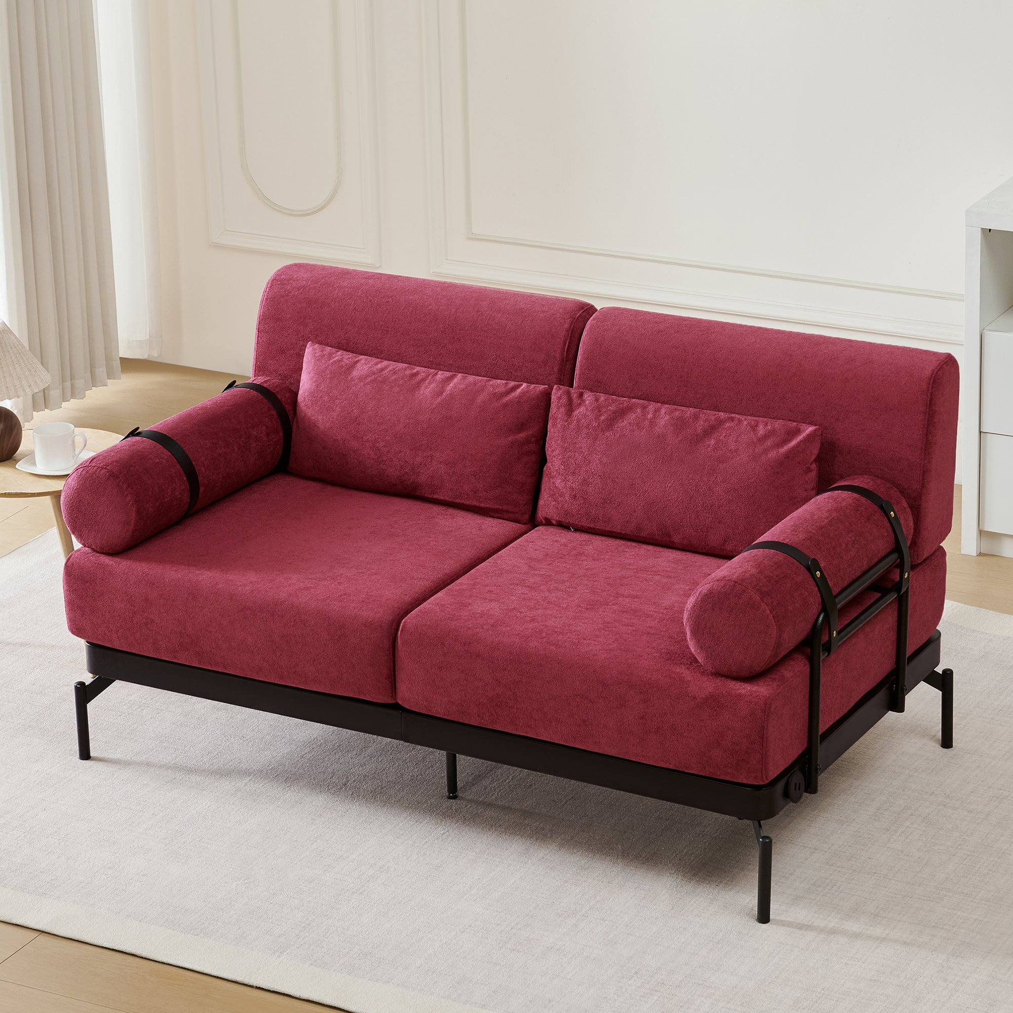 Modern Loveseat Sofa 59' Sofa Couch 2-Seater with USB Ports, Unique Cylindrical Armrests, Red Chenille