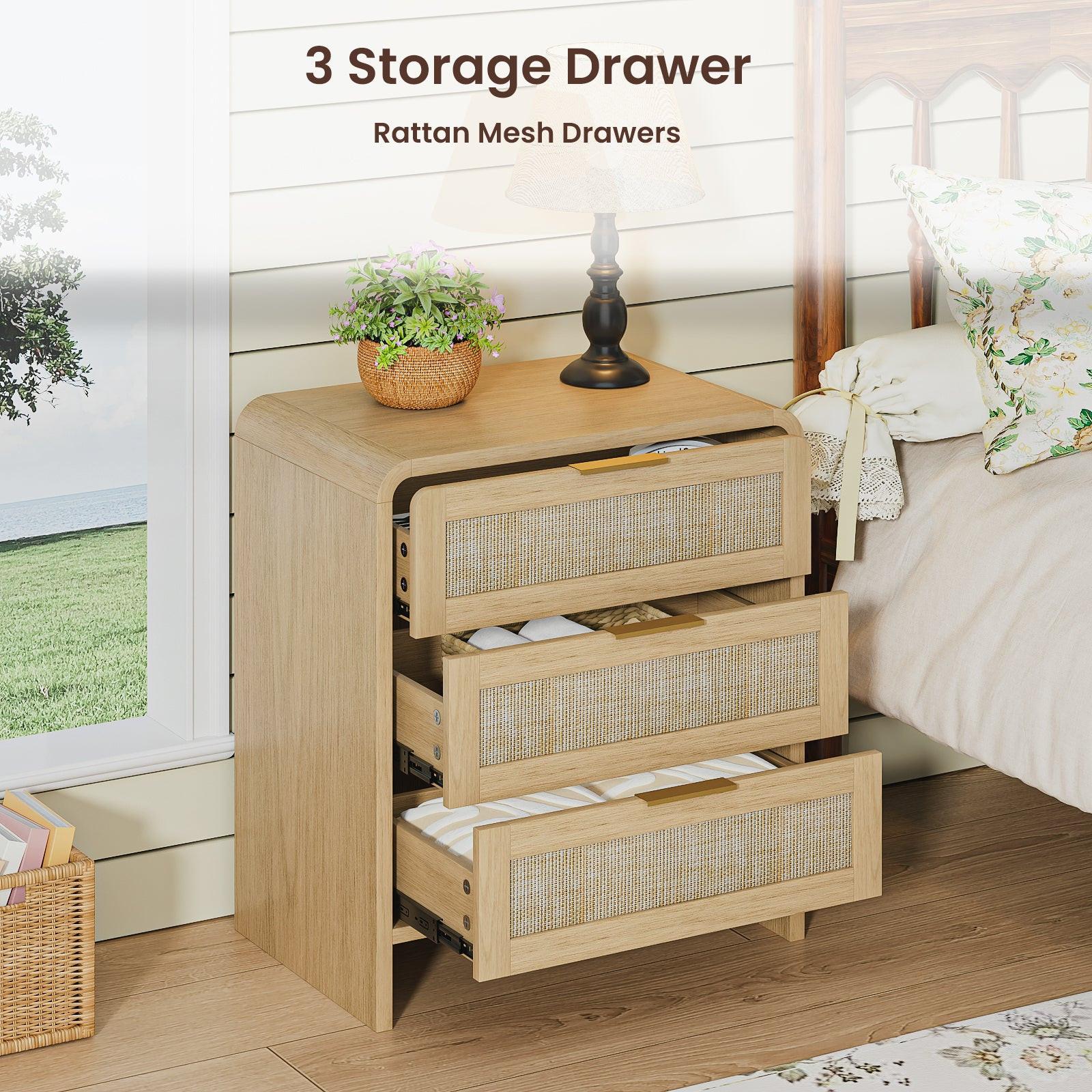 Rattan Nightstand with 3 Drawers for Modern Storage.