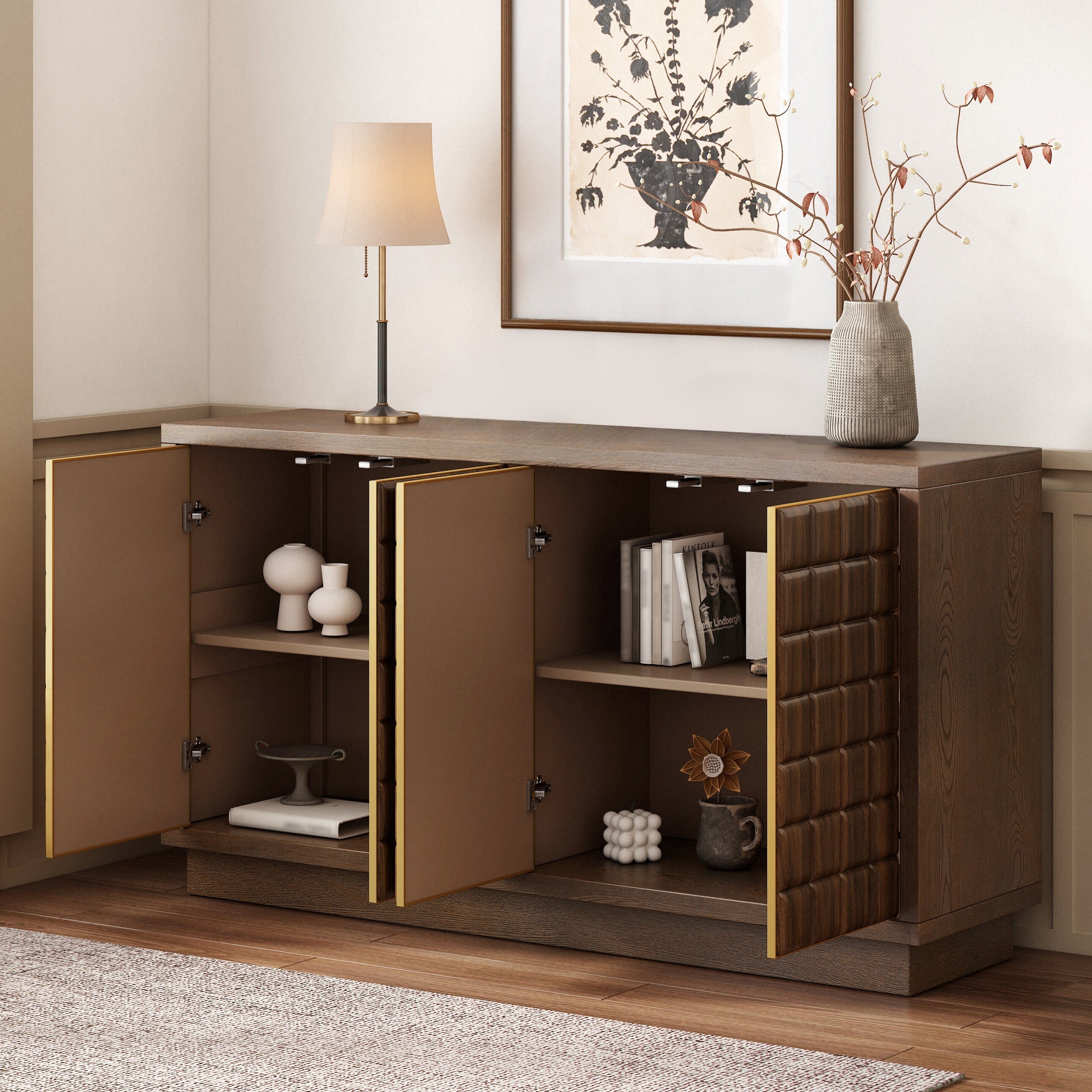 Open 4-door storage cabinet with adjustable shelves, showcasing spacious interior for flexible storage solutions.