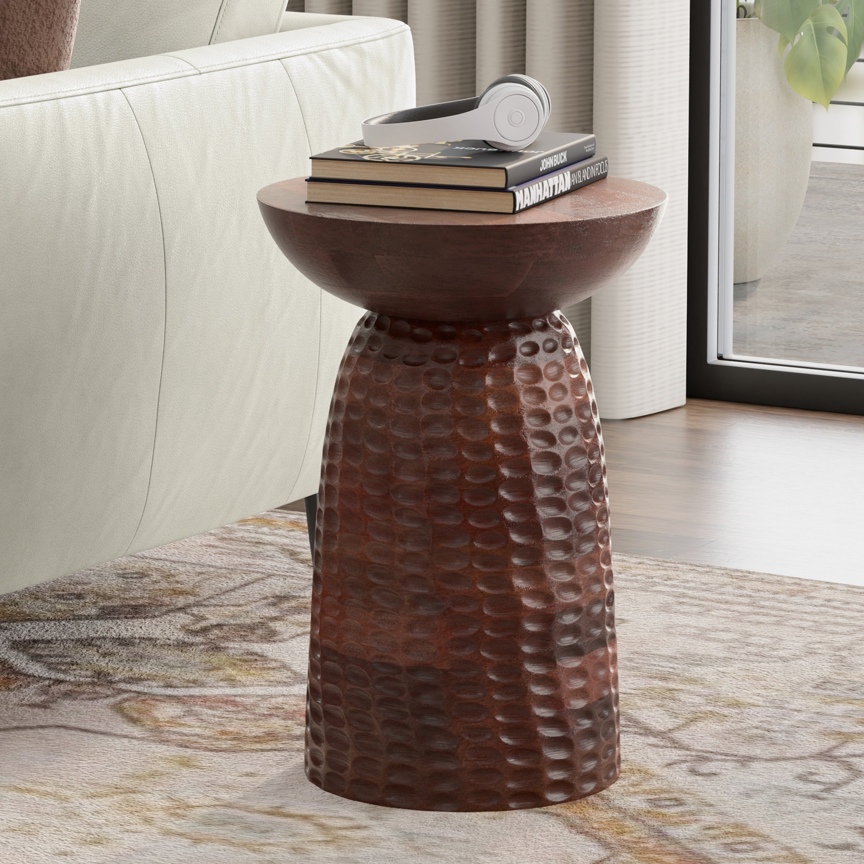 Boyd 16 inch Table - Mango Wood Accent with dark brown finish beside sofa, ideal for living rooms or bedrooms.