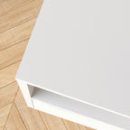 Top corner view of the White Coastal Credenza, showcasing smooth white finish and open shelf design for minimalist interiors.