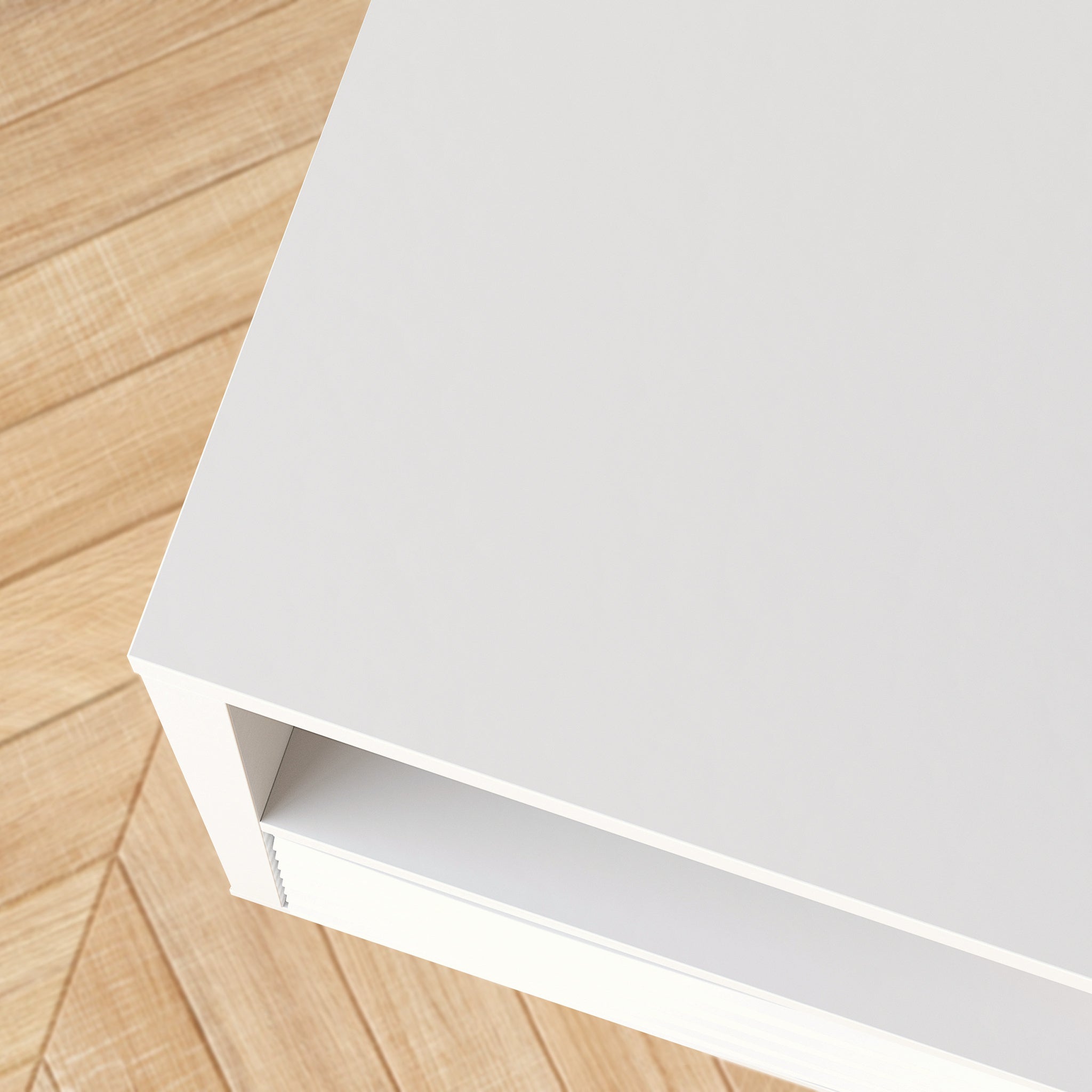 Top corner view of the White Coastal Credenza, showcasing smooth white finish and open shelf design for minimalist interiors.