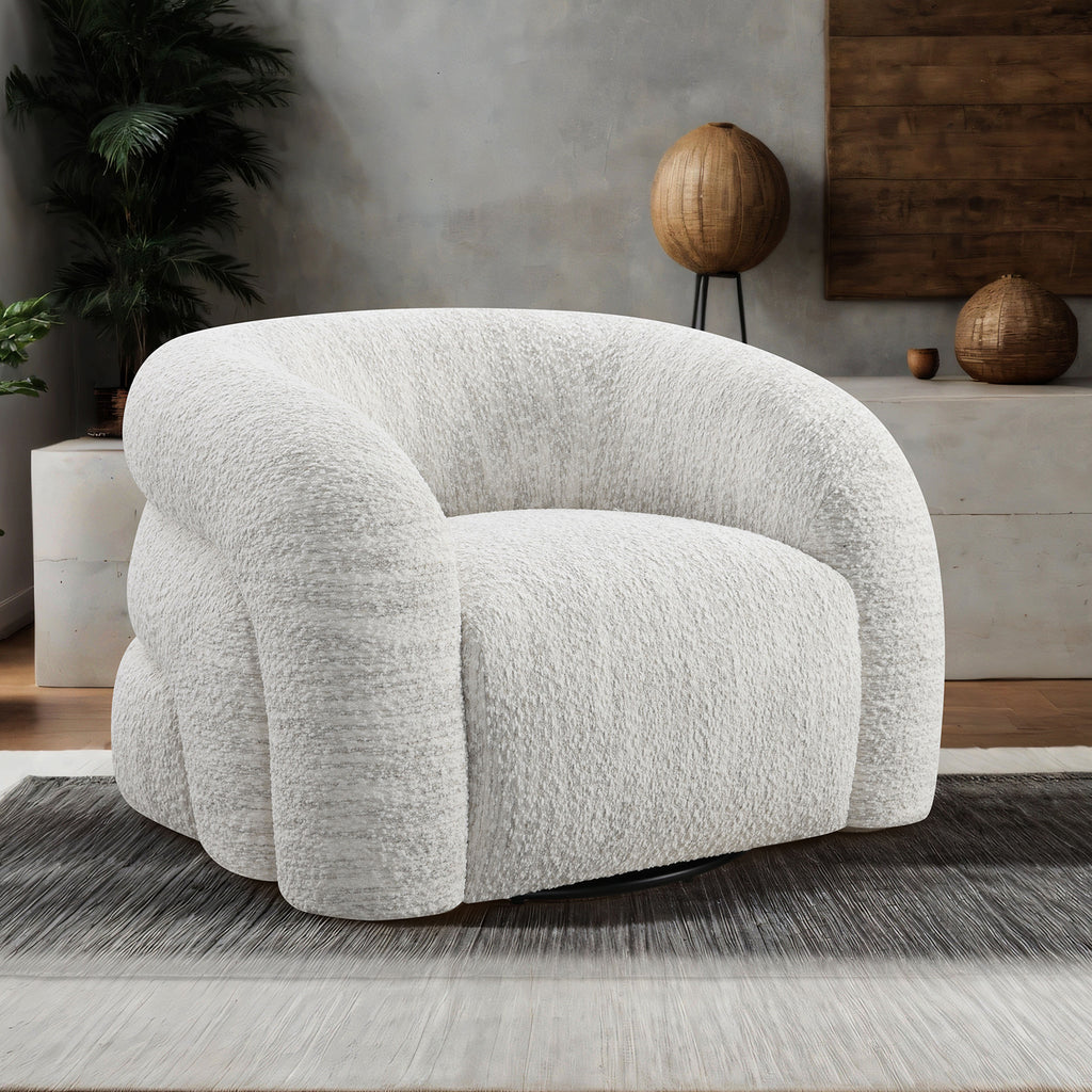 Contemporary White Swivel Chair with premium comfort design, shown in a stylish interior setting with curved back and soft boucle fabric.