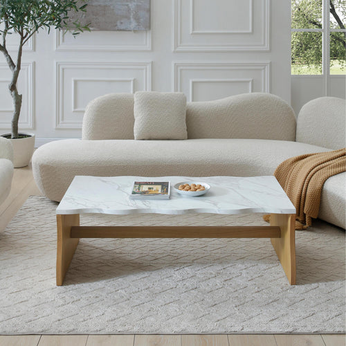 47.24' Whisper of Waves Modern Coffee Table, White Faux Marble Table Top w/ Solid Wood Veneered Base, Organic Shape Accent Table, Cocktail Table for Living Room Apartment Office, Natural Wood