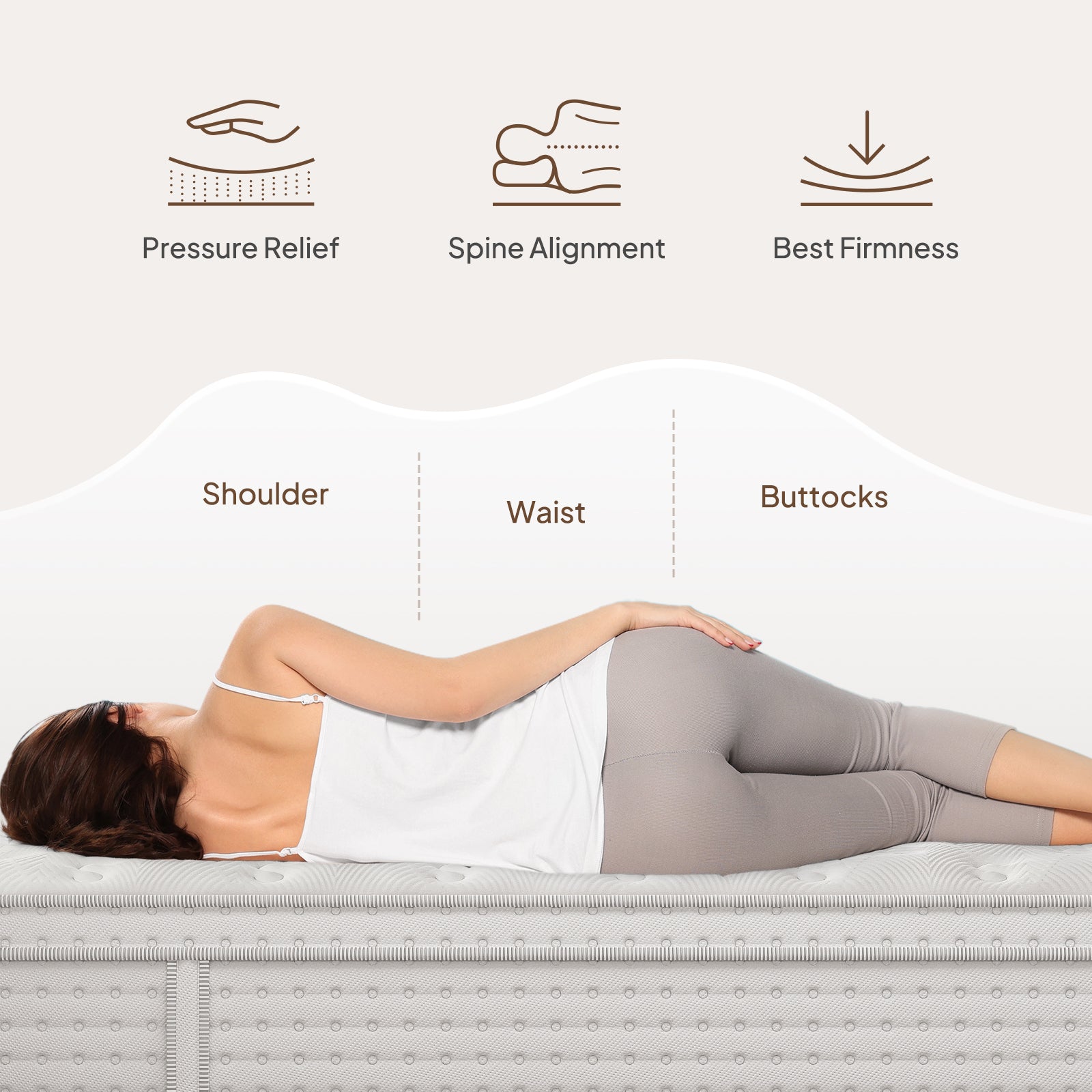 Ergonomic diagram showing pressure relief zones on 12'' hybrid queen mattress, supporting spine alignment and optimal firmness for side sleepers.