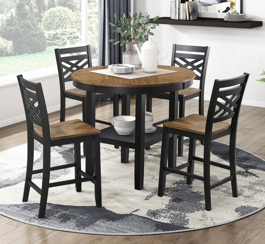 5pc counter height dining set with round table and four chairs in black and wood finish, ideal for modern dining rooms with storage shelf.