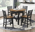 5pc counter height dining set with round table and four chairs in black and wood finish, ideal for modern dining rooms with storage shelf.