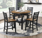 5pc counter height dining set with round table and four chairs in black and wood finish, ideal for modern dining rooms with storage shelf.