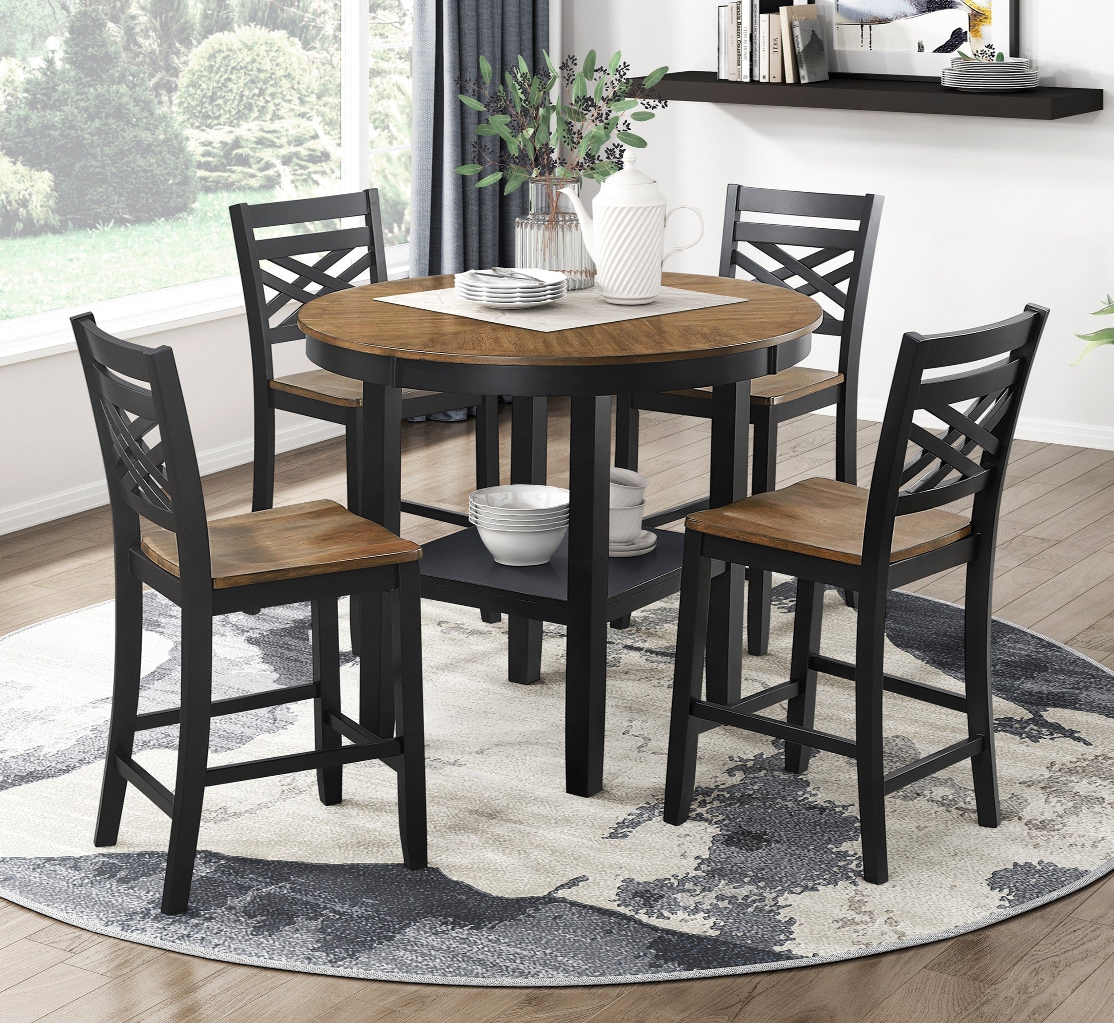 5pc counter height dining set with round table and four chairs in black and wood finish, ideal for modern dining rooms with storage shelf.