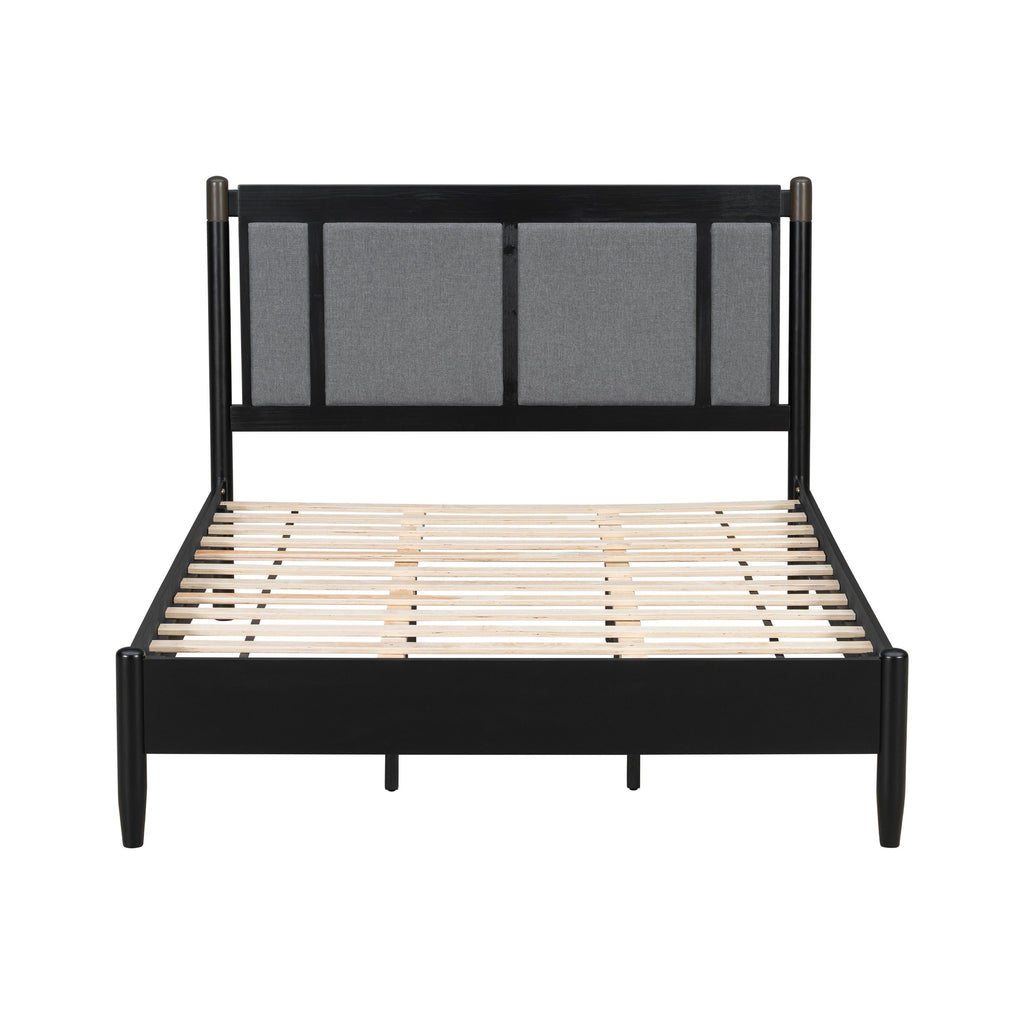 Solid Wood Queen Bed - Heavy Duty, Support 500 lbs - Black Headboard.