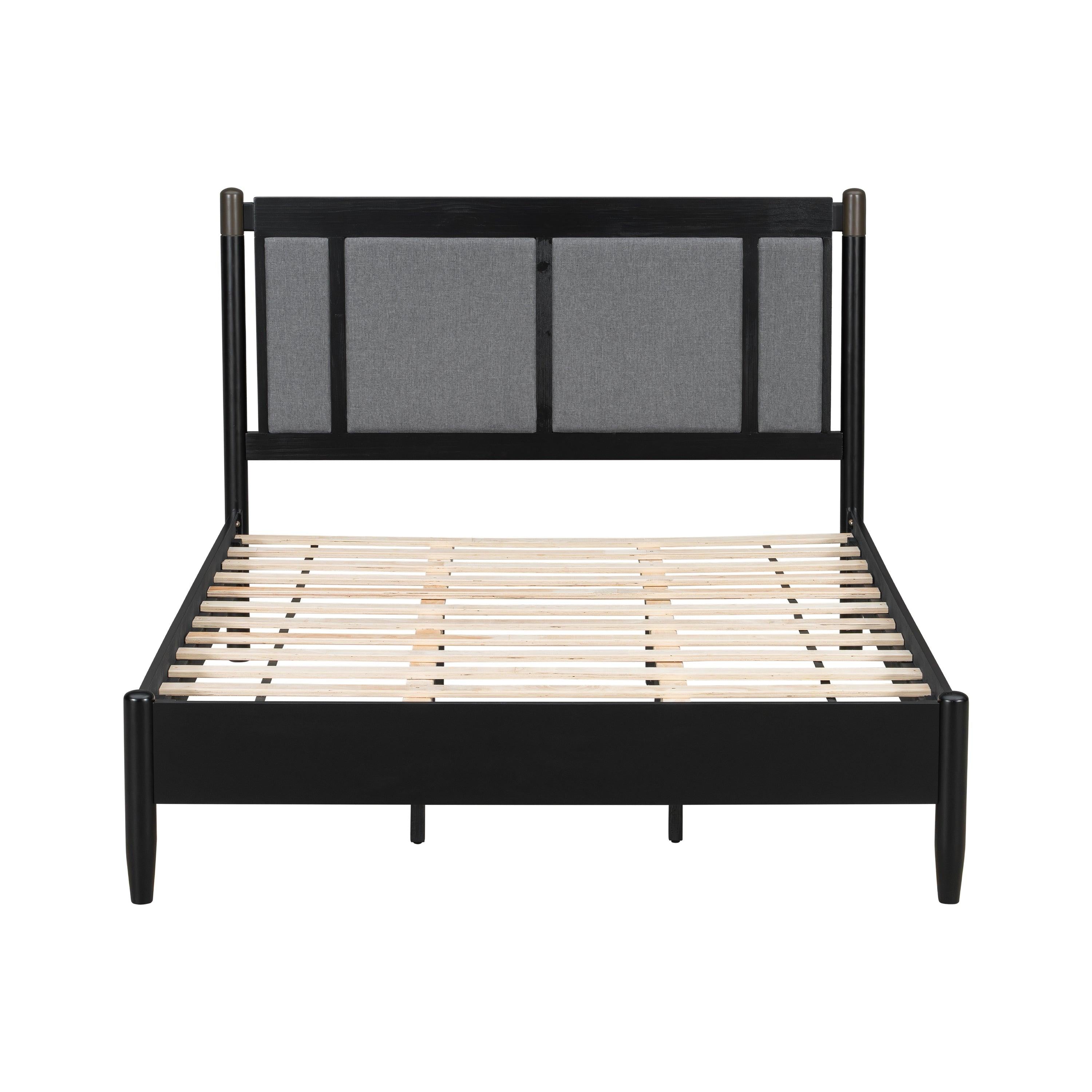 Solid Wood Queen Bed - Heavy Duty, Support 500 lbs - Black Headboard.