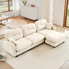 Modular L-shaped sofa sectional couch with chenille fabric and ottoman in a bright living room. Features plush cushions and neutral tones.