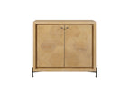 Cashew-colored hickory accent chest with a geometric hexagonal wood pattern, two doors, and slender dark metal legs.