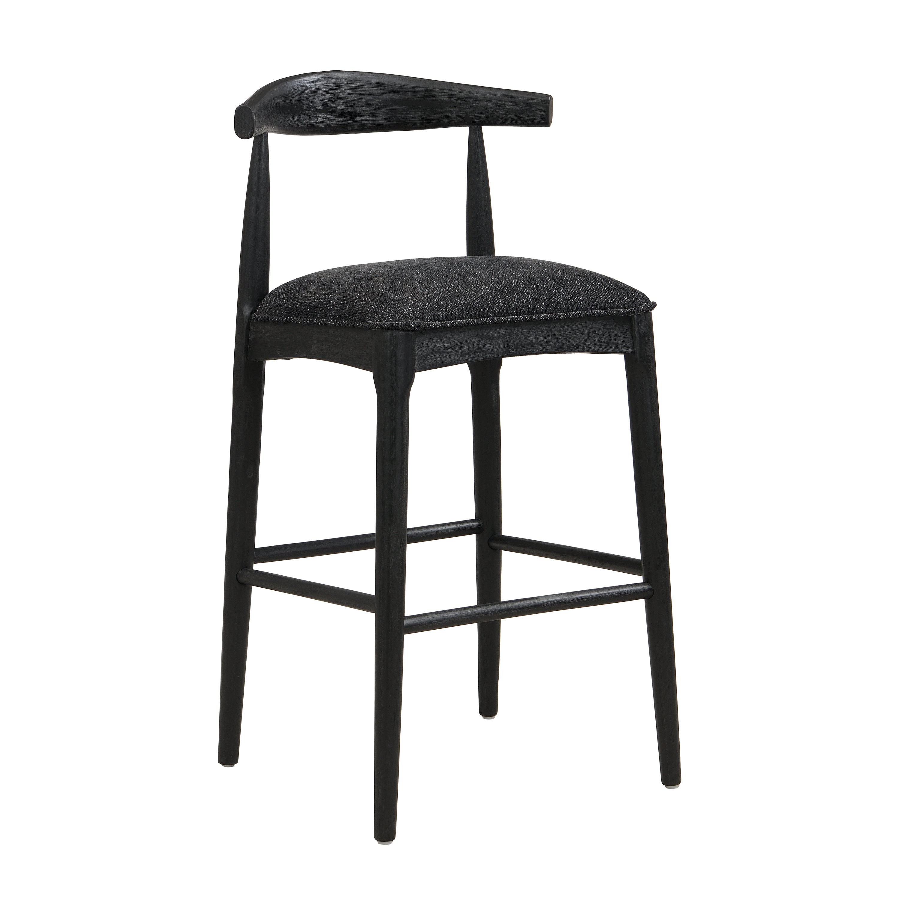 Angled view of black fabric bar stool with curved wooden back and cushioned seat, blending comfort and modern style.