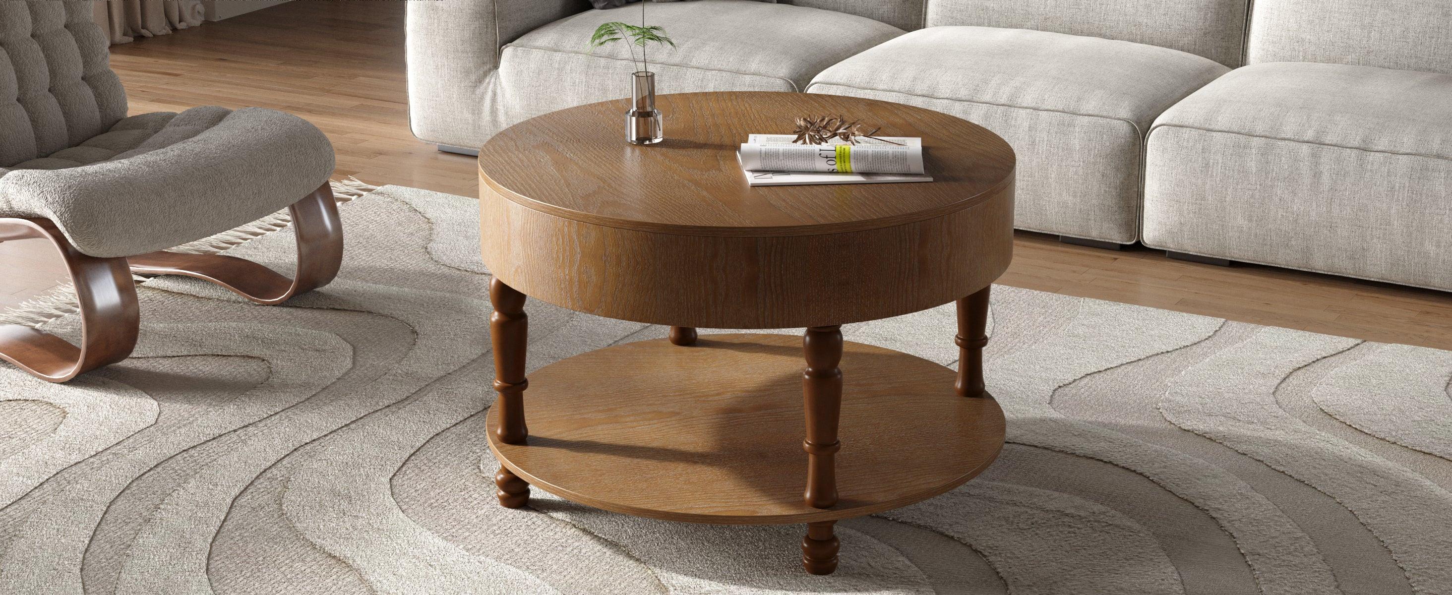 Coffee Table with Dual Storage for Living Room, 31.5' Modern Round Coffee Table with Storage and Hidden Compartment, Adjustable Leveling Feet, Easy Assembly (Walnut).